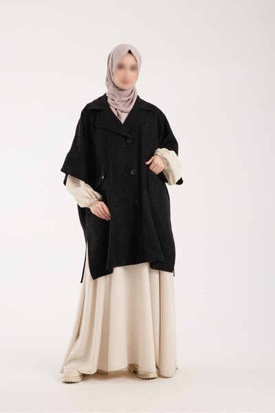 ZESA TASARIM Channell Kumaş Siyah Panço 110 cm