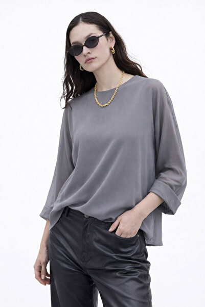 oshebu Gray-Women's Crew Neck Wide Sleeve Blouse