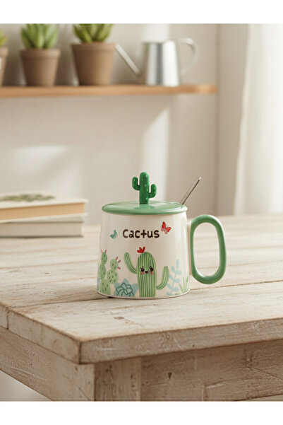 Bam Cute Cactus Ceramic Mug with Spoon and Lid 300 ml