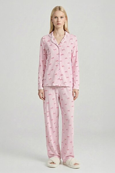 Rays 3412 Bow Pattern Buttoned Pajama Set Pink