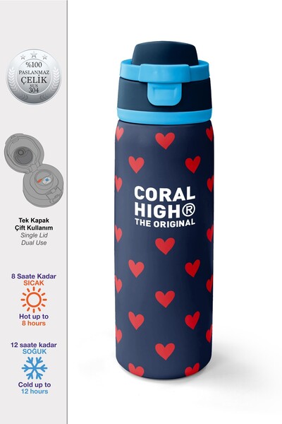 Coral High Lacivert Kırmızı Kalp Desenli Pipetli ve Direkt İçim Çelik Termos ...