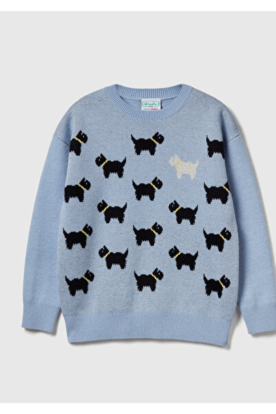 United Colors of Benetton Girl's Light Blue Wool Blend Dog Patterned Stranger...