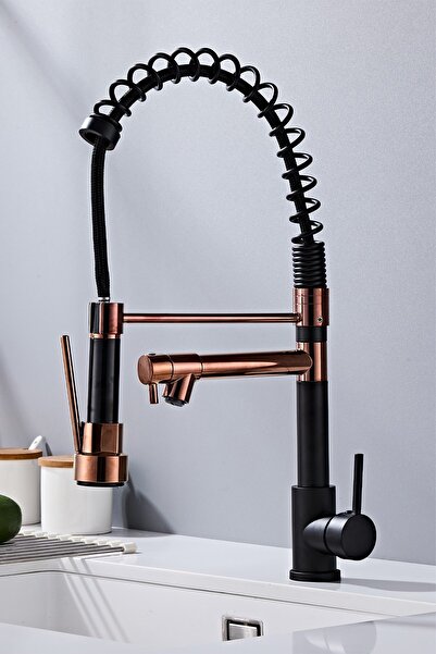 Konk Tools Lüks Rose Gold & Mat Siyah Endüstriyel Mutfak Bataryası - Spiralli...