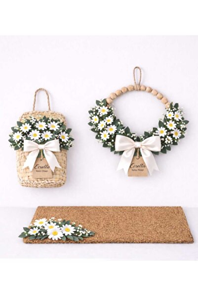 ecrella Papatyalı Kapı Süsü 3’lü Set | Hasır Sepet, Çelenk ve Paspas Dekor