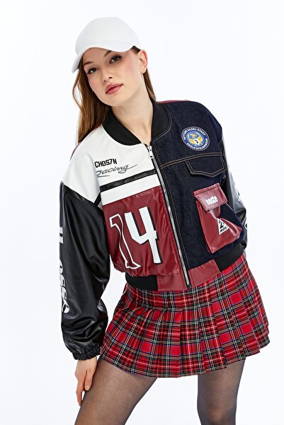 CHOS7N Women's Oversized Printed Denim and Leather Striped Casual Jacket with...