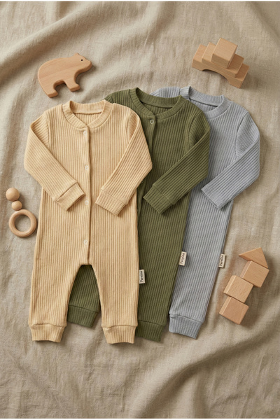 Noone 3'lü Set Fitilli Bebek Tulumu Uzun Kollu Pamuklu Çıtçıtlı Basic Renkler...