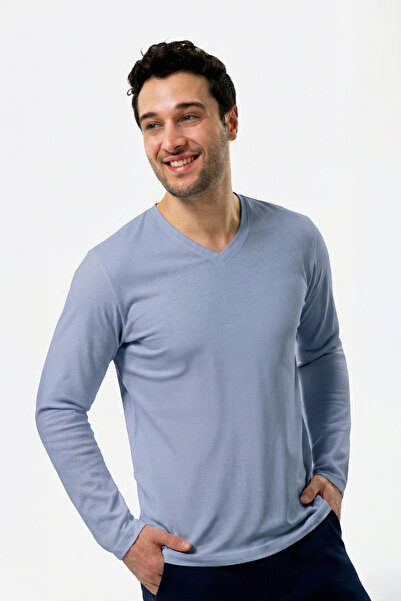 UNIQVIBE 100% Organic Cotton Charcoal V-Neck Men's Long Sleeve T-Shirt