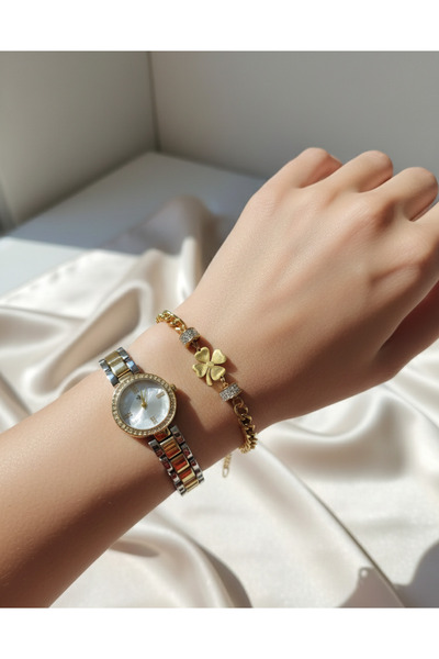 KONYA ÇELİK TAKICIM Zirkon Taşlı Altın Renk Kadın Saat & Yonca Figürlü Bilekl...