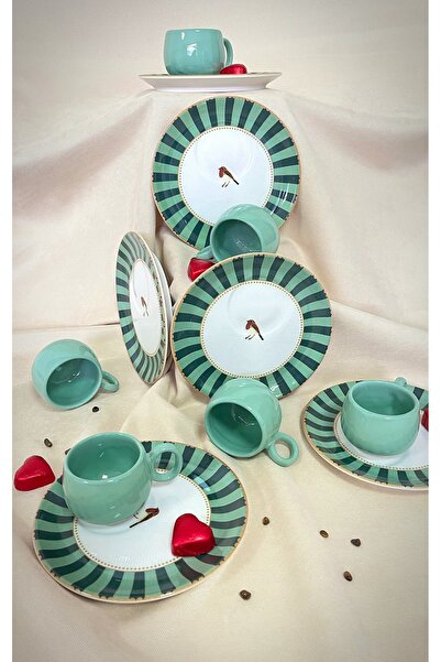 Erbaşlar Sevda Kuşu Yeşil 12 Parça 6 Kişilik Sunumlu Kahve Fincan Takımı, Seti