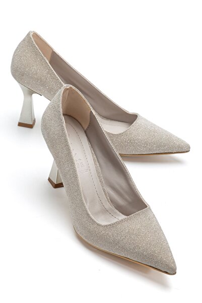 Hayalimdeki Ayakkabı Women's Gold Glitter Pointed Toe Thin Heeled Stiletto