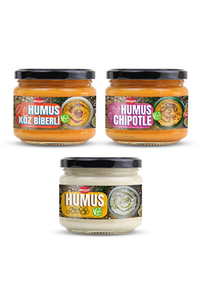 Mezzet Gurme 3'lü Humus Paketi (3x300g) - Vegan Sade, Közlenmiş Biberli ve Ch...