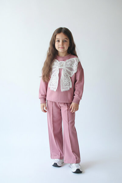 Dimoi Kids Girl's Pink Bow Detailed Two-Piece Tracksuit Set