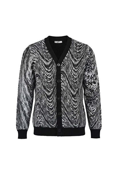 Tığ Triko Cardigan de damă Wave cu model cu detalii din material textil - Negru