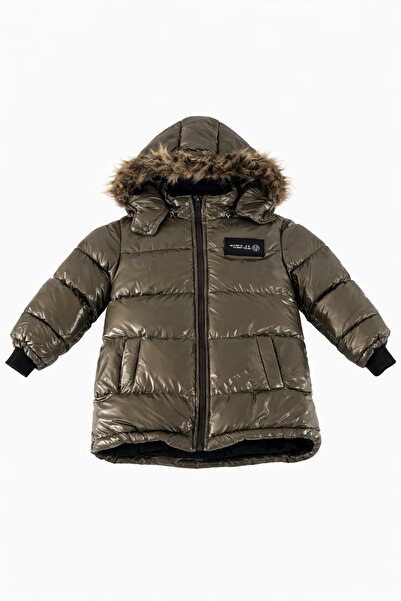 Jaju Baby Момчешка пухена яке с качулка и кожана подплата – Ярко каки зимно п...