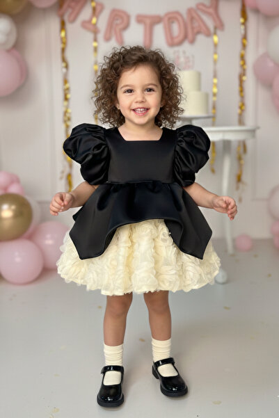 Bertuğ Bebek Ecru Rose Black Satin Puffy Girls' Baby Evening Dress