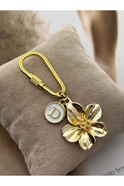 roshel Letter Detailed Flower Figured Gold Keychain & Bag Charm Keychain Acce...