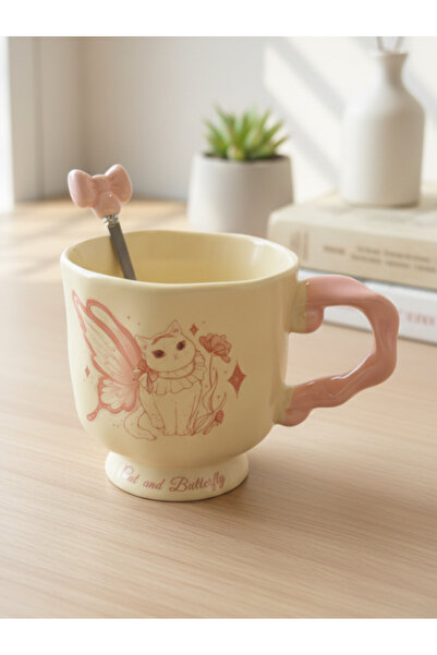 Bam Fairy Tale Cat and Butterfly Themed Ceramic Mug with Spoon 350 ml