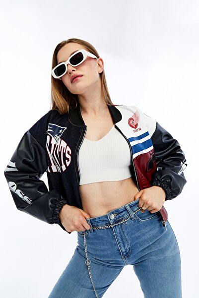 CHOS7N Γυναικείο μπουφάν με στάμπα oversize από τζιν και δερμάτινες ρίγες για...