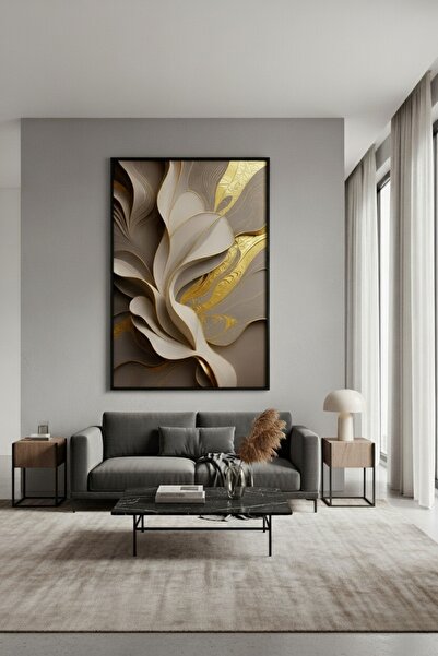 hollywest Lüks Soyut Akışkan Formlu Duvar Sanatı | Bej & Altın Modern Çerçeve...