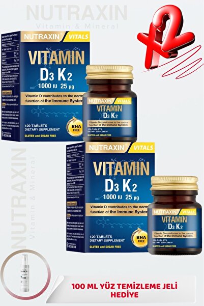 Nutraxin D3 K2 Vitamini İçeren Takviye Edici Gıda 120 Tablet ( 2 ADET ) + 100...
