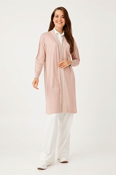 Tığ Triko Kadın Çizgi Detaylı Uzun Triko Hırka - Pudra