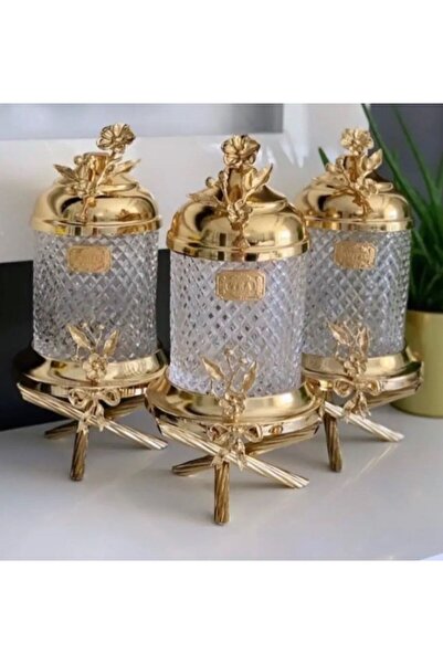 AZADE BAKIR GOLD PİRİNÇ JAPONGÜL AYAKLI KRİSTAL KAVANOZ 3’LÜ SET