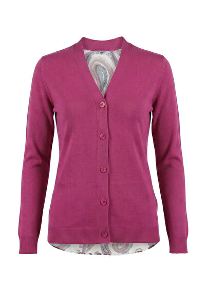 Tığ Triko Kadın Arkası Şal Desenli Rayon Hırka - Fuşya