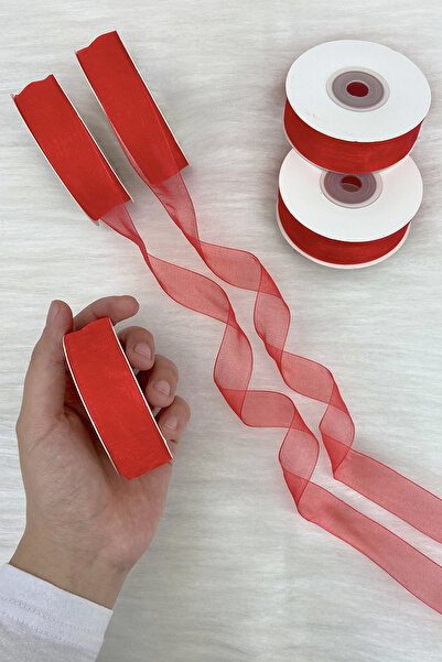 ZEYMERADE Organze Tül Kurdele Kırmızı 2 cm 22mt, Gelin, Bohça, Nişan, Çeyiz, ...