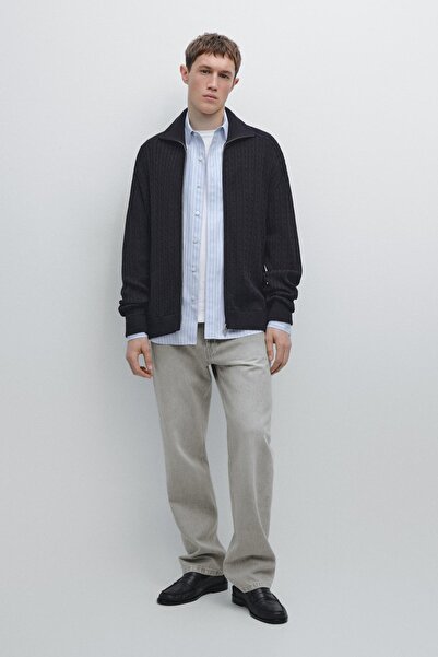 Massimo Dutti Fermuarlı örgülü triko pamuklu hırka