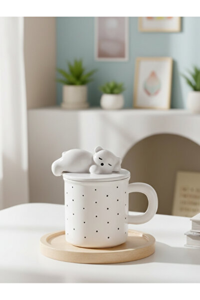 Bam Teddy Bear Figured Dot Patterned Ceramic Mug with Spoon and Lid 350 ml