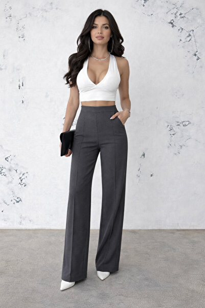 BEGBOR COLLECTİONS Women's Anthracite Modal Fabric High Waist Palazzo Trousers