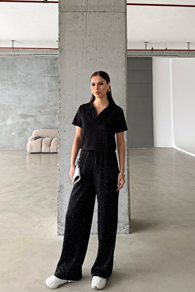 MODAMERSİ Women's Black Stone Detailed Blouse and Pants Double Set