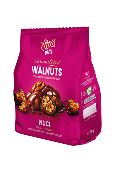 VİVA Nuts – Nuci caramelizate învelite în glazură cu ciocolată cu lapte 80 gr