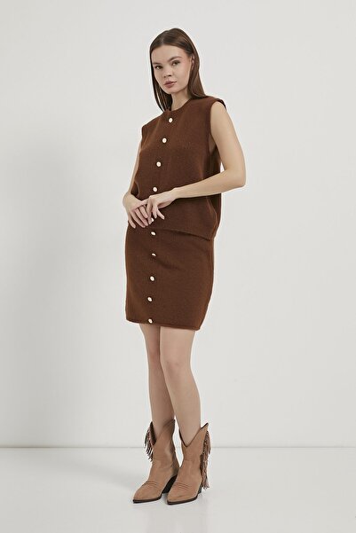 Arma Life ARMALIFE 4982 GOLD VESTĂ TRICOTATĂ CU BUTONI FUSTĂ SET FEMEI