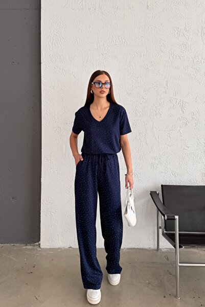 MODAMERSİ Women's Navy Blue Stone Detailed V-Neck Blouse and Trousers Two-Pie...