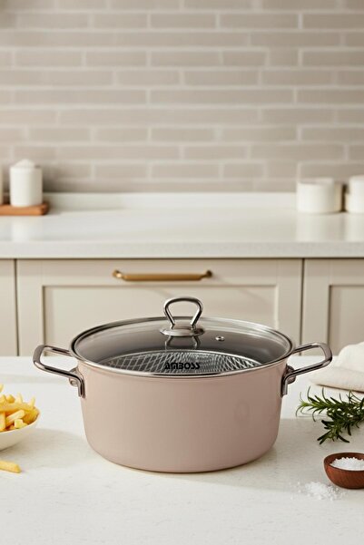 Amboss Crispella 22 Cm Cam Kapaklı Emaye Kızartma Tenceresi- Kahverengi