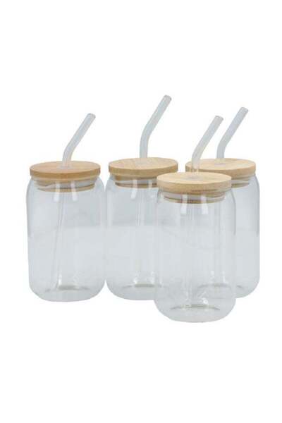 Bien Servi 4-Piece Glass Tumbler with Straw and Lid Set Clear and Brown 350 ml