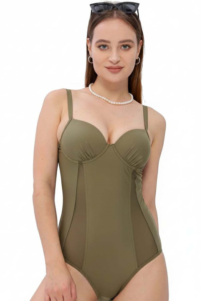 Swana Solid Color Transparent Detailed Swimsuit-Khaki
