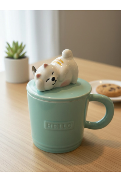 Bam Cute Kitten Figured Ceramic Mug with Spoon and Lid 350 ml