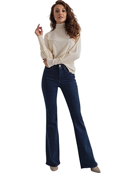 Livik Barba Women's Dark Blue High Waist Stretch Denim Fabric Flare Jeans