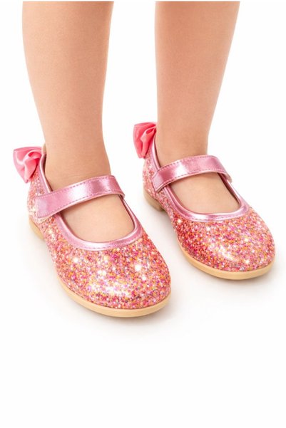 pinkchıld Girls' Glittery Ballerinas – Bow-Tied, Orthopedic Sole, Non-Slip Sole Shoes