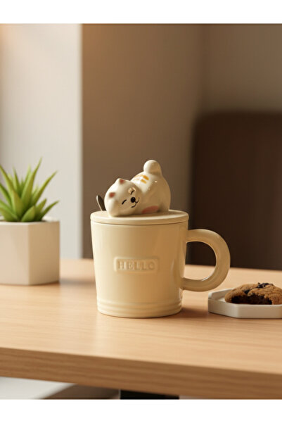Bam Cute Kitten Figured Ceramic Mug with Spoon and Lid 350 ml