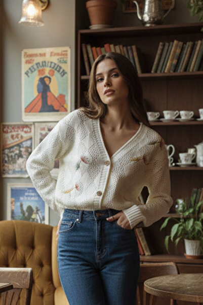 AYMELEK Women's Floral Embroidered V-Neck Textured Knitwear Cardigan