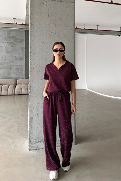 MODAMERSİ Women's Burgundy Stone Detailed Blouse and Trousers Two-Piece Set