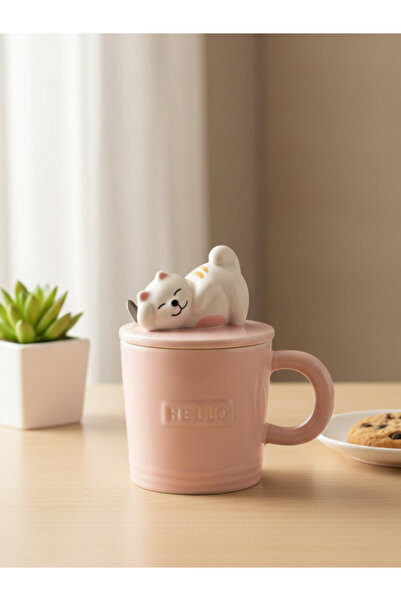 Bam Cute Kitten Figured Ceramic Mug with Spoon and Lid 350 ml