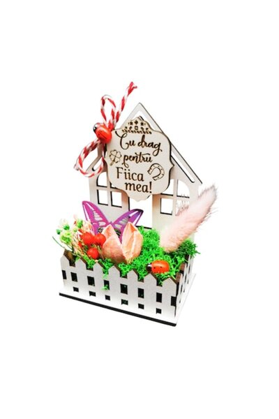 OEM Martisor cu licheni si flori naturale pentru Fiica - Casuta primaverii