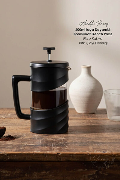 Anadolu Saray 600ml Heat Resistant Borosilicate French Press Black Filter Cof...