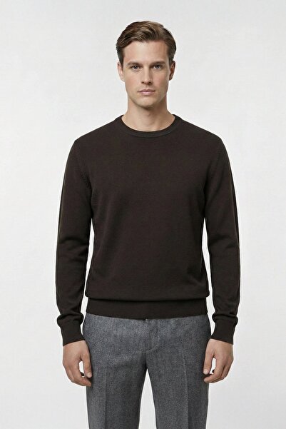 Sabri Özel Standart Fit Kahve Yünlü Bisiklet Yaka Triko Kazak