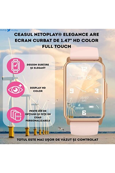 NITOPLAY Ceas inteligent Nitoplay® Elegance Smart Watch Fitness, Roz, Super AMOLED, Curea metalica&silicon