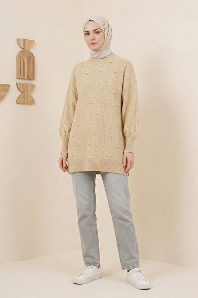 Kirazgym Women's Soft Knit Sweater with Side Slits and Pompom Detail - Light ...